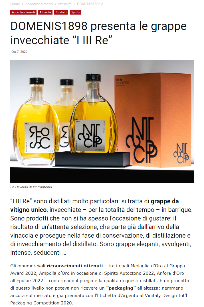 2022 ottobre 07: MixerPlanet.com – DOMENIS1898 presenta le grappe invecchiate “I III Re”