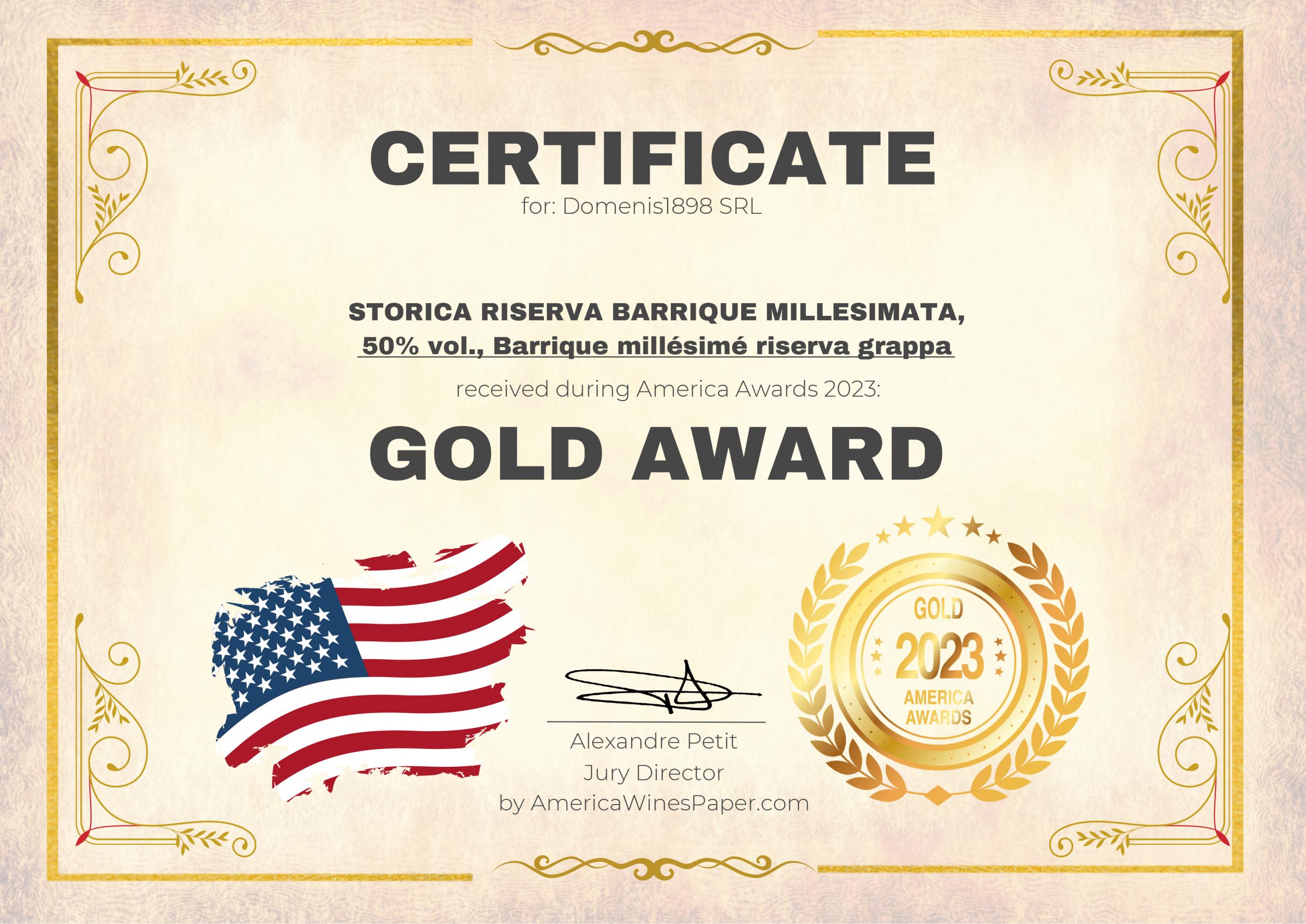 America Awards 2023 – Gold Medal – Storica Riserva Barrique Millesimata