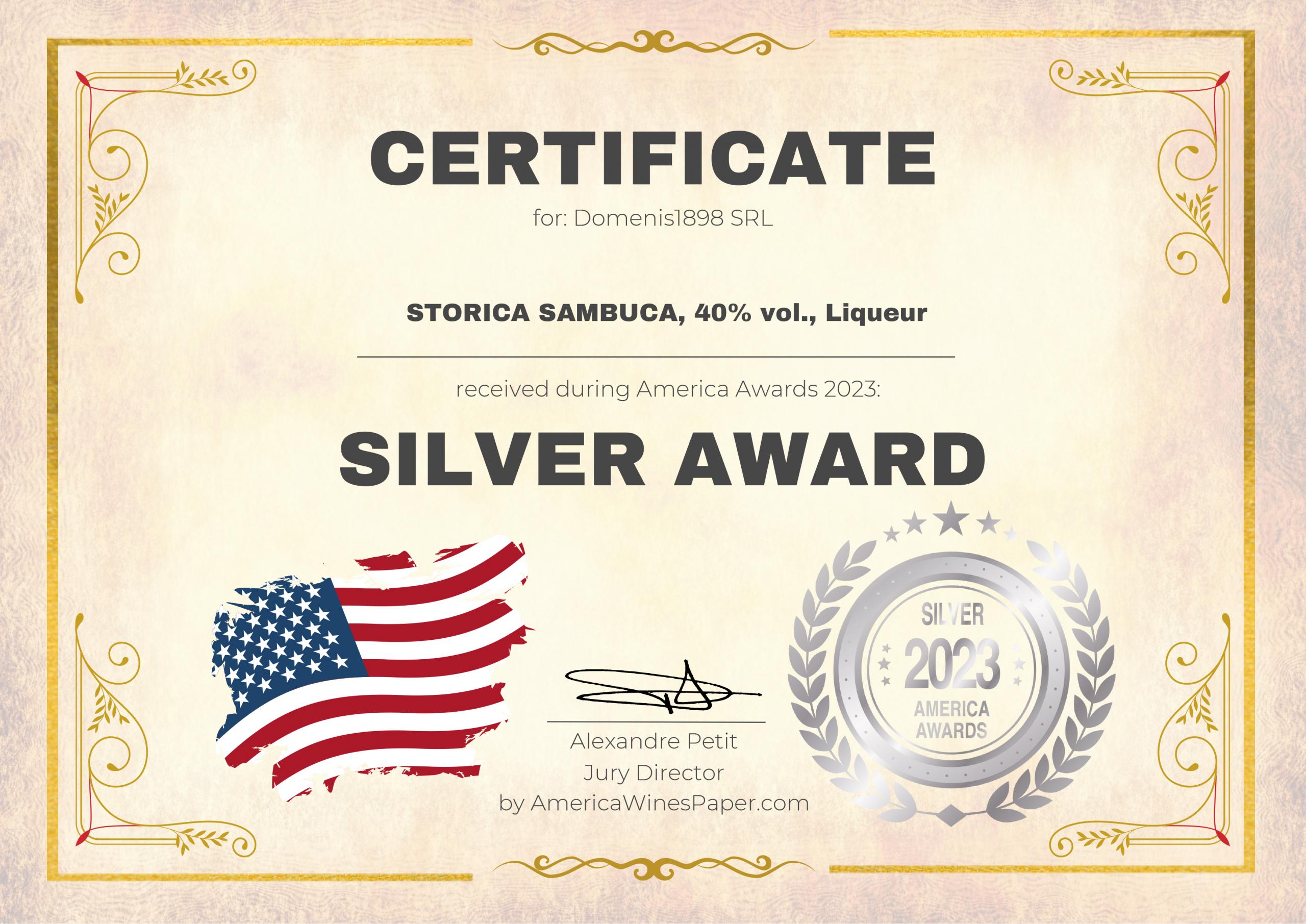 America Awards 2023 – Silver Medal – Storica Sambuca