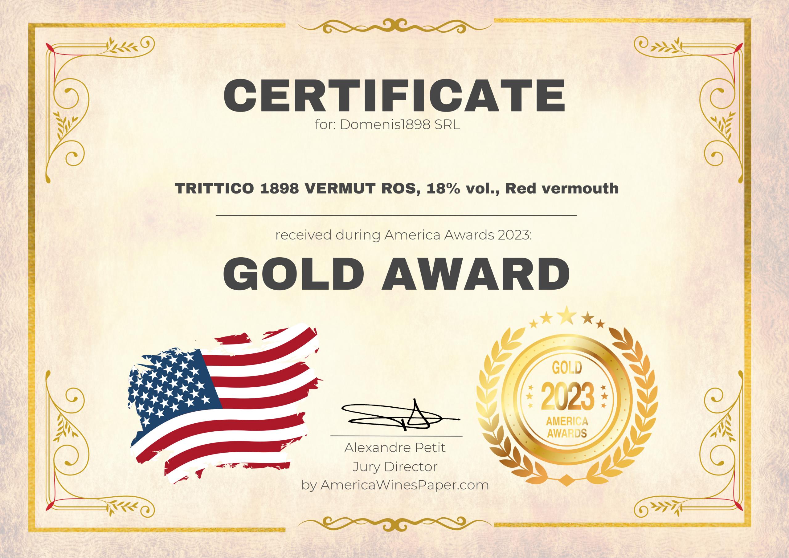 America Awards 2023 – Gold Medal – Trittico 1898 Vermut Ros