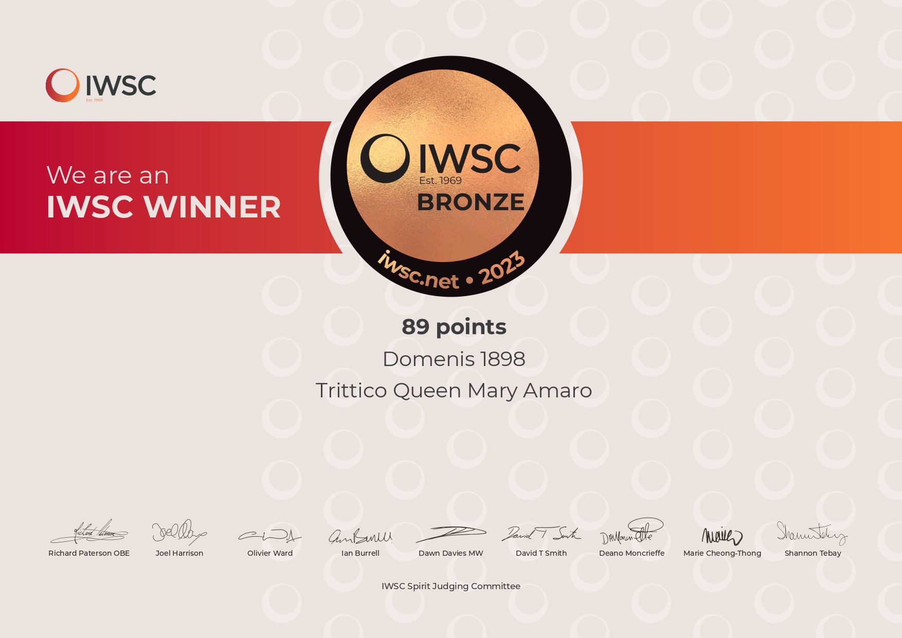 International Wine Spirits Competition 2023 – Bronze Medal – Trittico Queen Mary