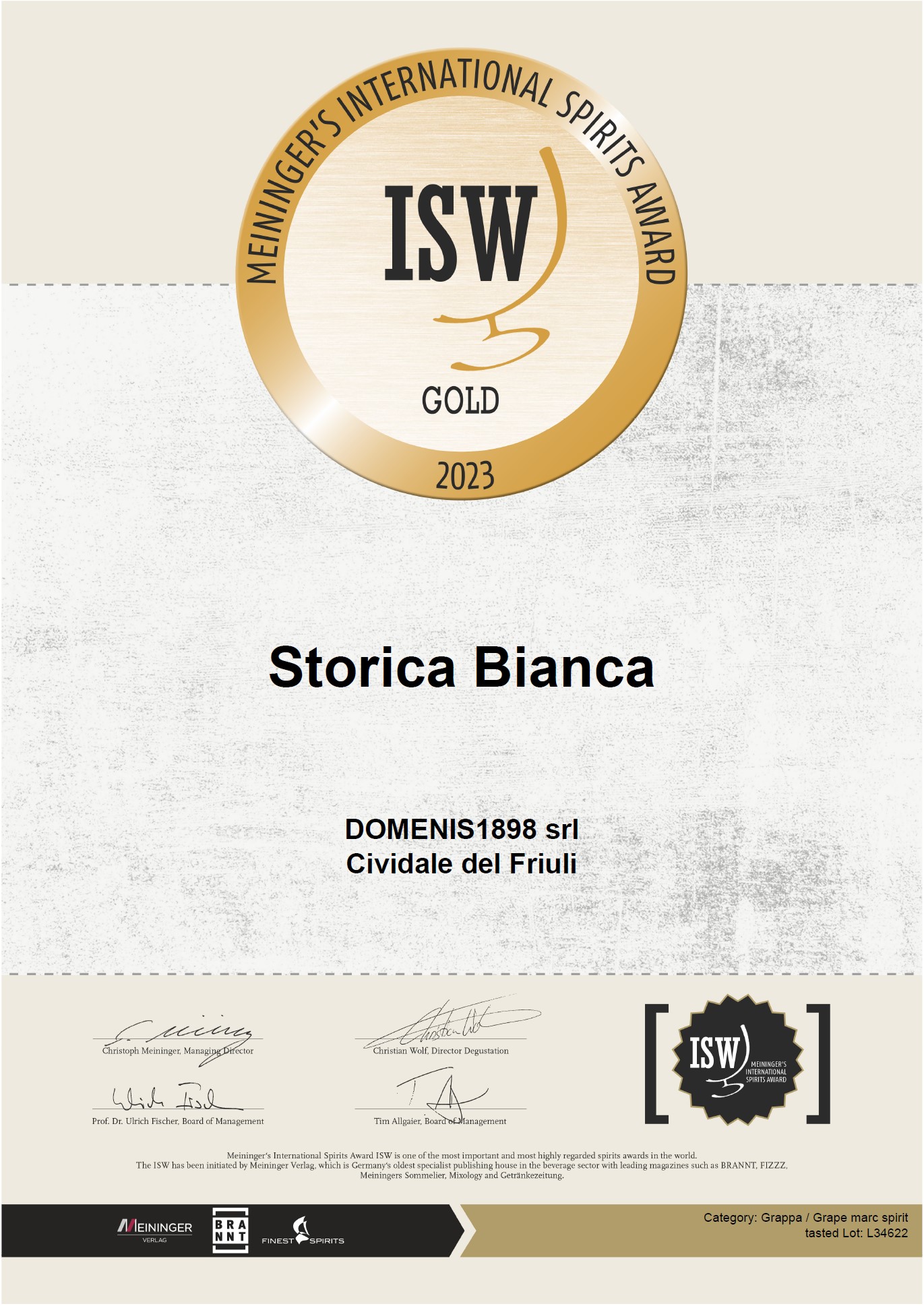 Meininger’s International Spirits Award – Gold Medal – Storica Bianca