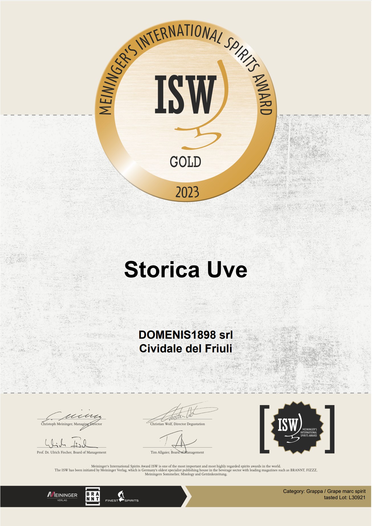 Meininger’s International Spirits Award – Gold Medal – Storica Uve