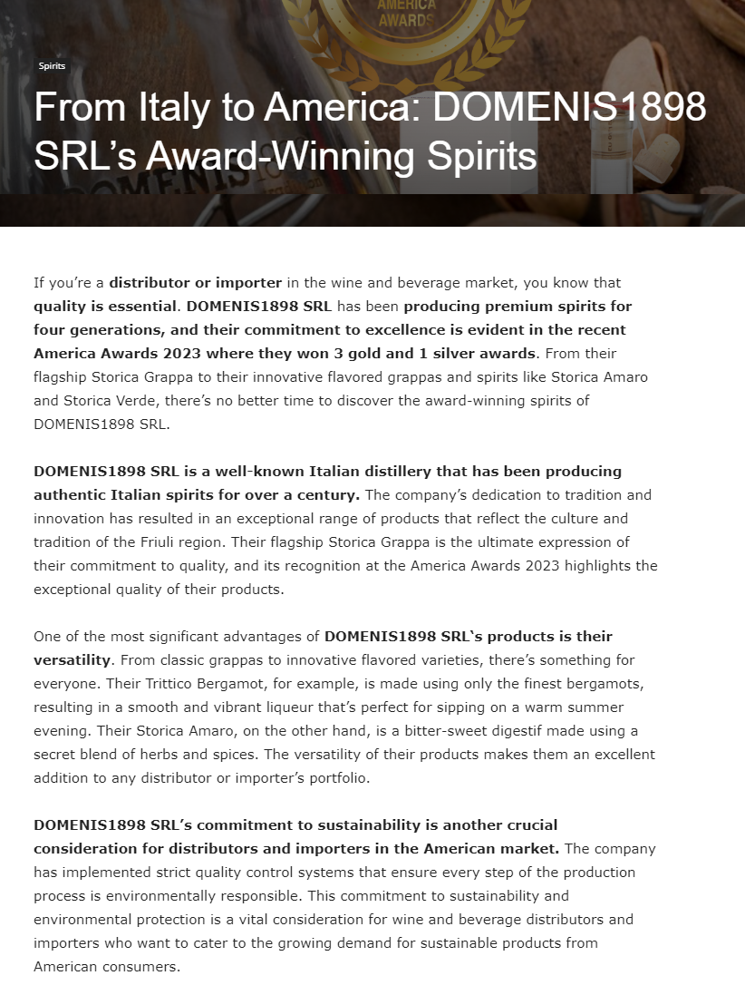 2023 maggio 05: AmericaWinesPaper.com – From Italy to America: DOMENIS1898 SRL’s Award-Winning Spirits