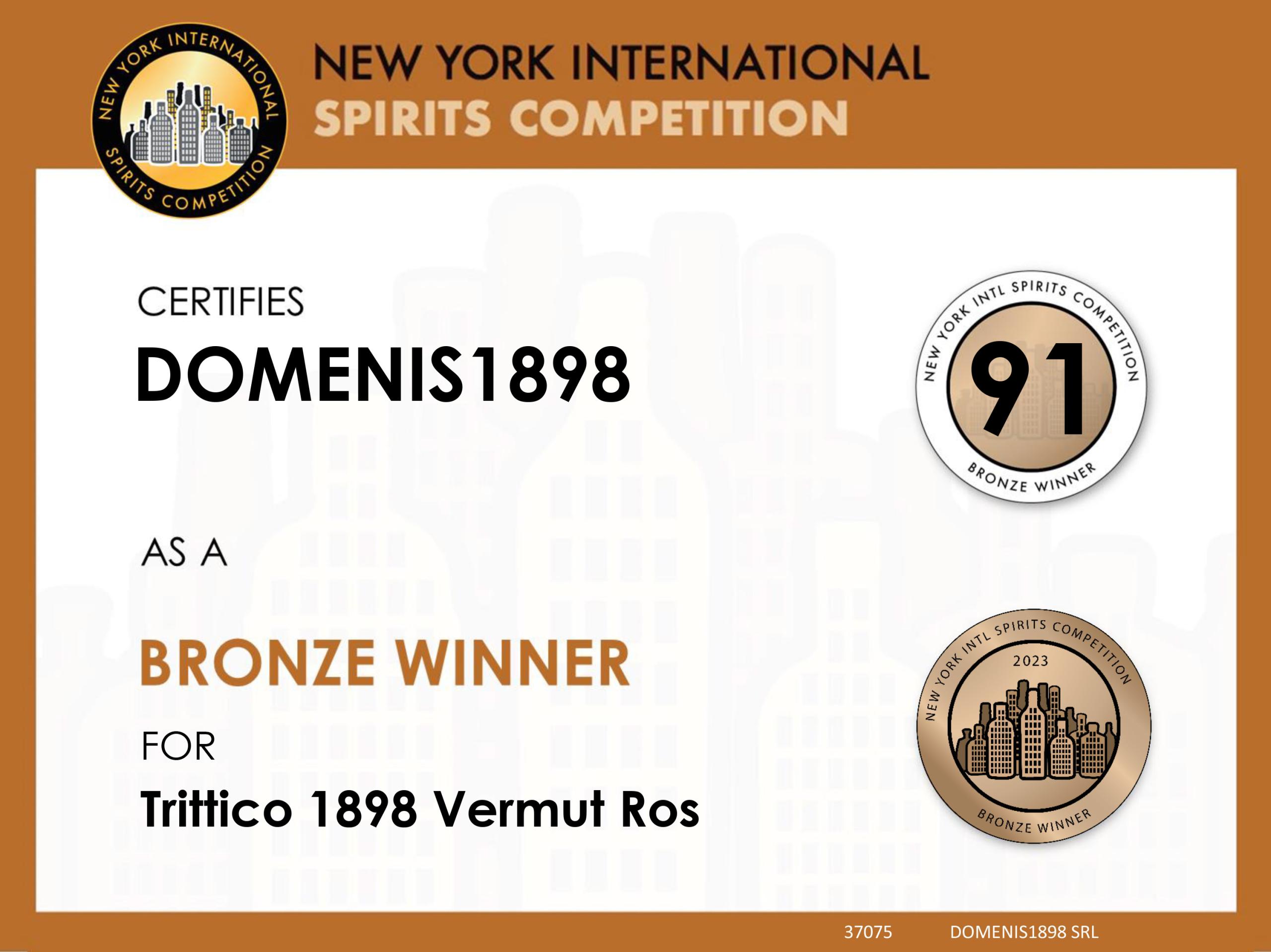 New York Intl Spirits Competition 2023 – Bronze Winner – Trittico 1898 Vermut Ros