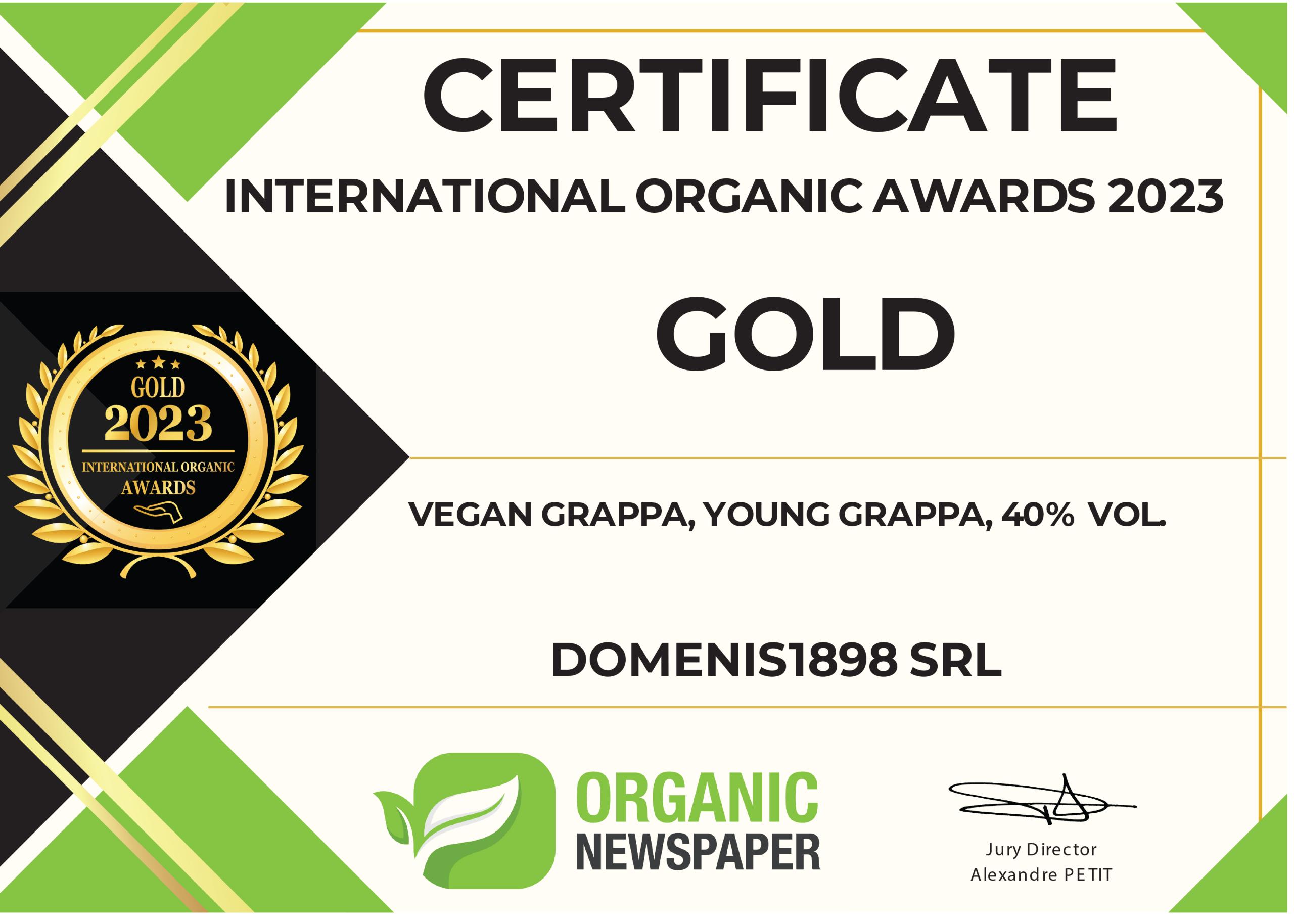 International Organic Awards 2023 – Gold Award – Vegan Grappa