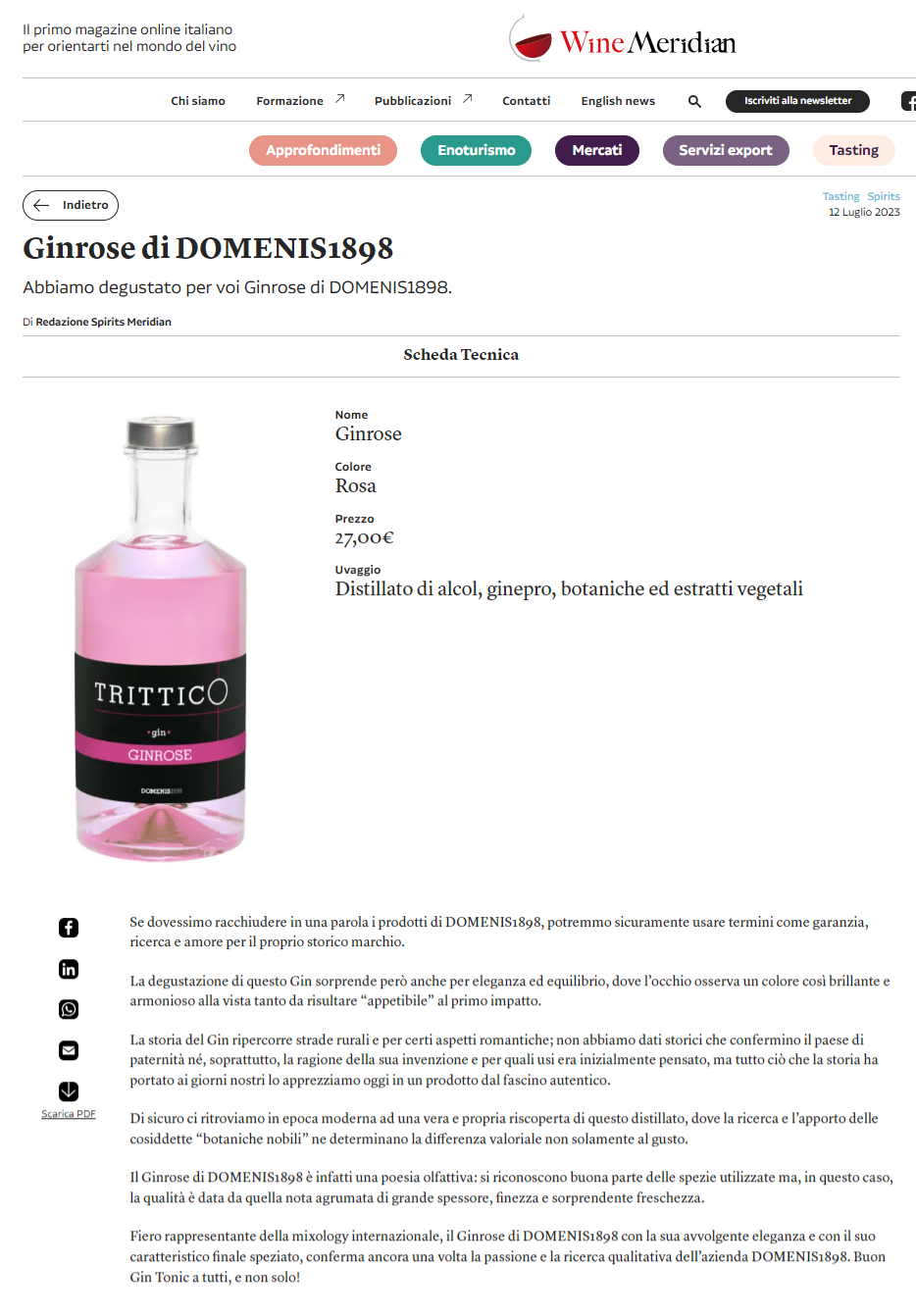 2023 luglio 12: WineMeridian.com – Trittico GinRose di DOMENIS1898